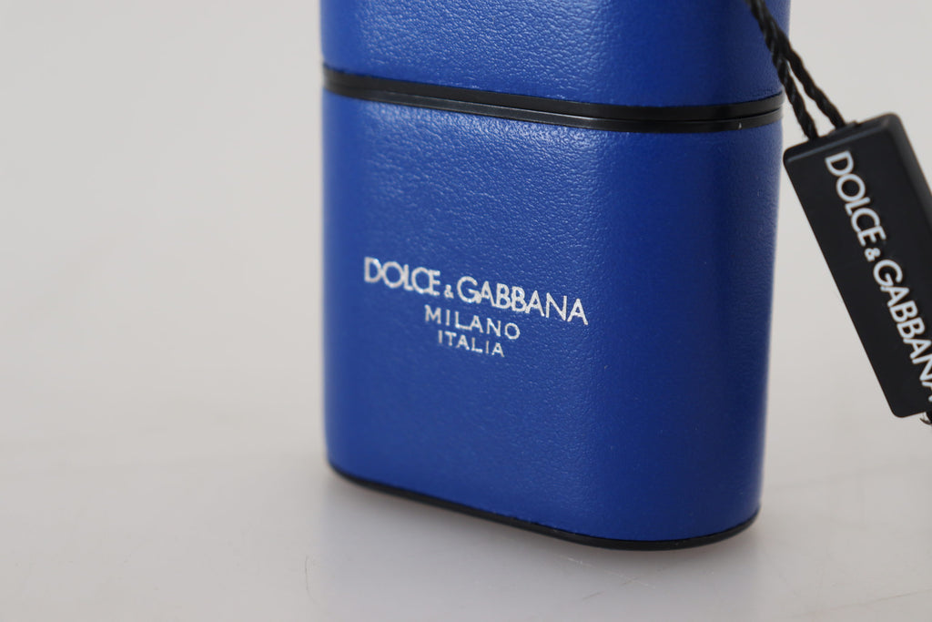 Blue Leather Silver Metal Logo Airpods Case