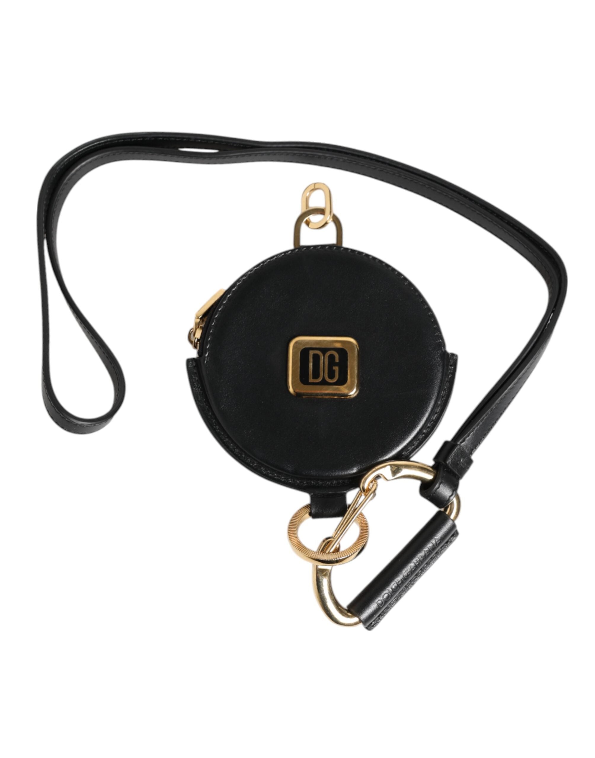 Black Round Leather DG Logo Coin Purse Lanyard Wallet