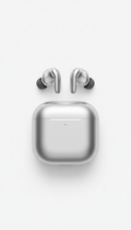 Polished silver wireless earbuds