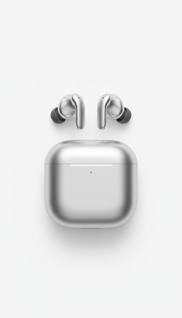 Polished silver wireless earbuds